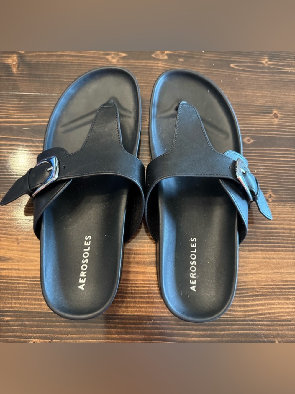 AEROSOLES “Lotti” Black Footbed Sandals with Silver Buckle‎ Size 8.5 - Picture 2 of 6
